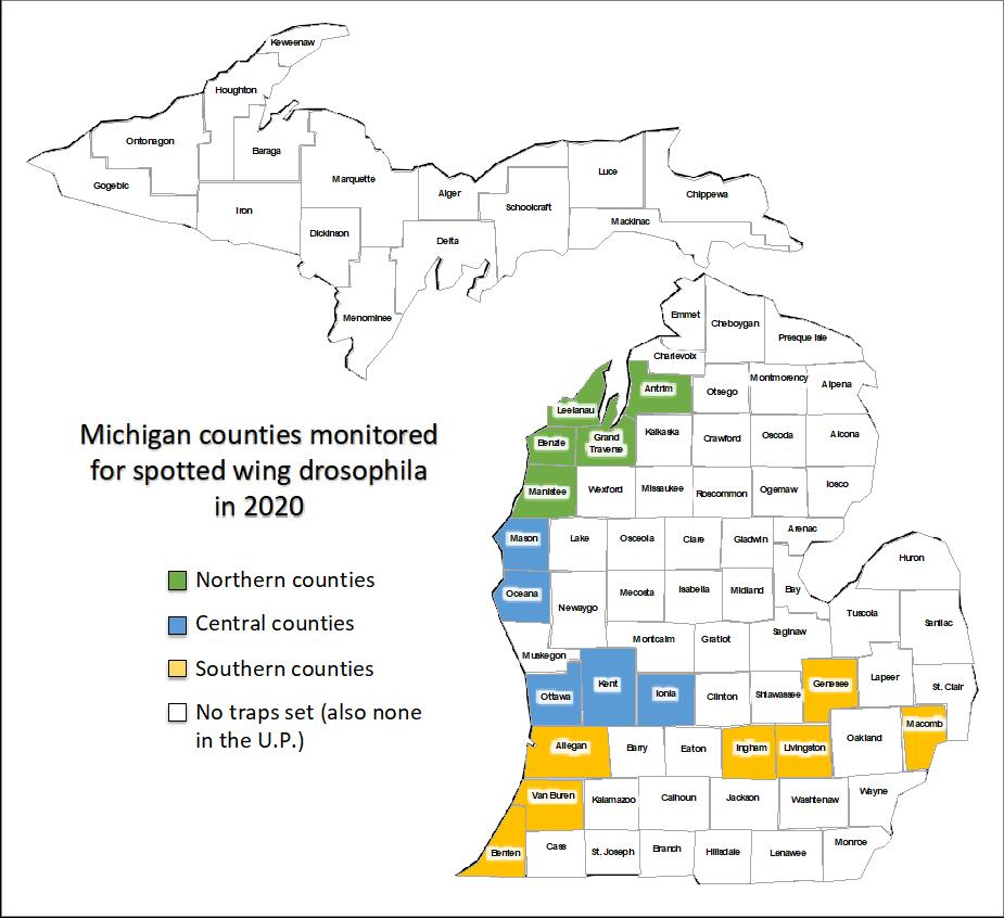 Counties where SWD populations are being monitored during the 2020